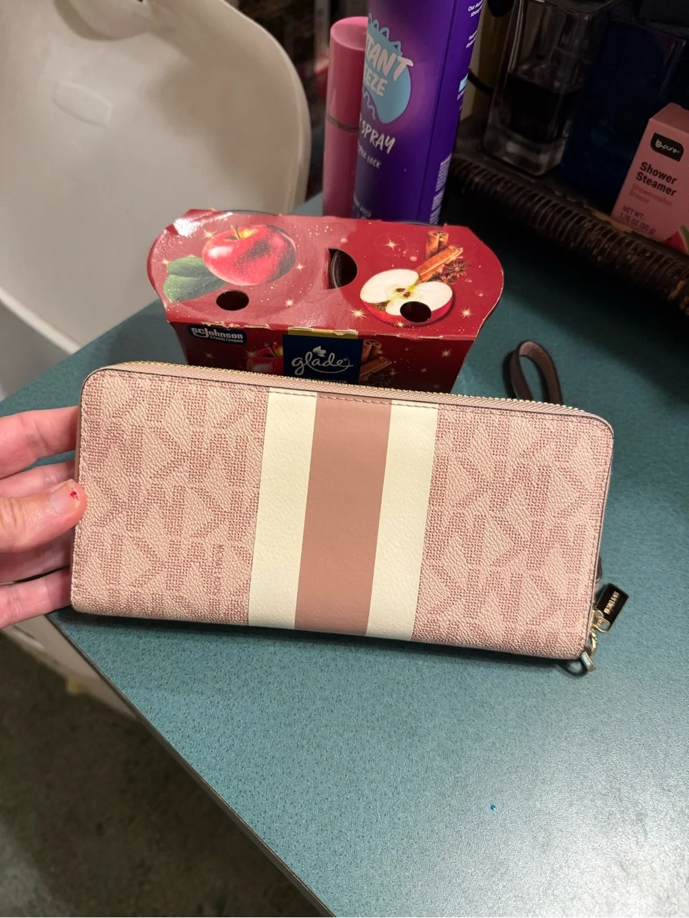 Michael Kors Pink Signature Zip-Around Wristlet Wallet with Cream Stripe